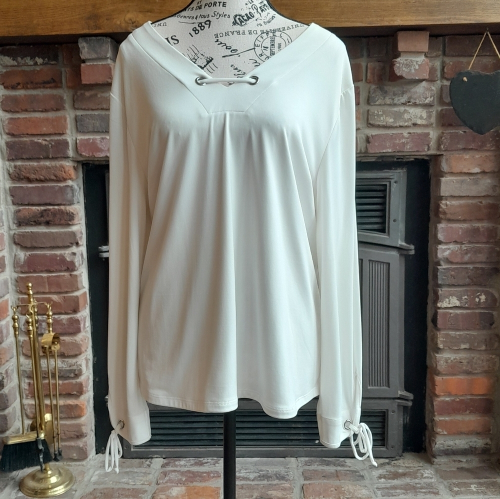 Grace Ivory V-Neck Blouse with Lace-Up Detail